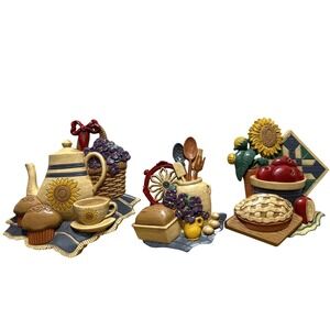 Home Interior Country Cottage Kitchen Wall Plaques Set 3 Vtg Sunflower Quilt Pie